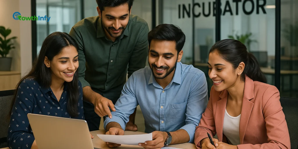 Indian startup team collaborating in a modern incubator office