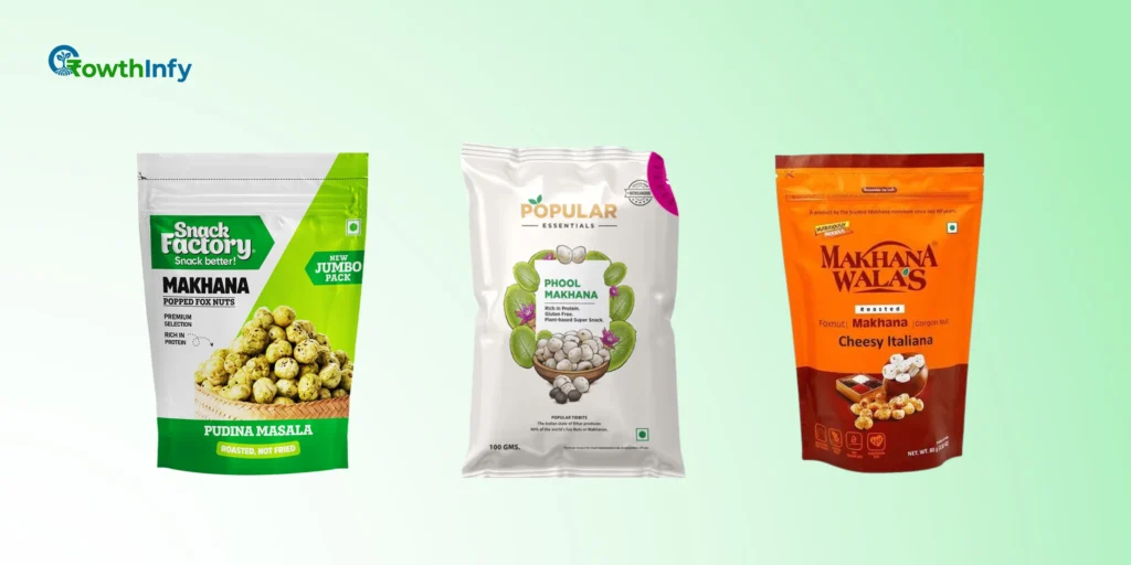 Packaged flavored makhana snacks on display
