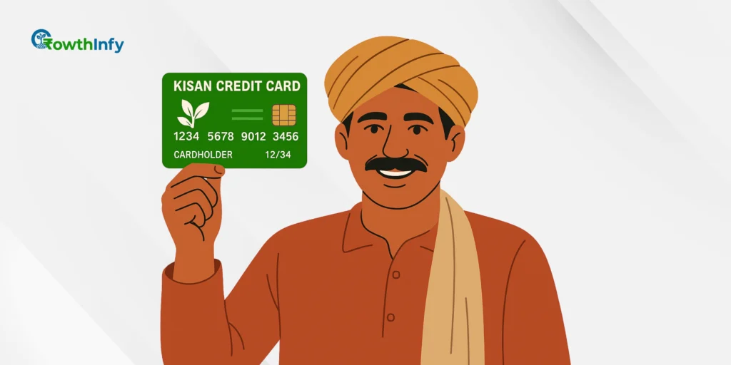 A farmer in Uttar Pradesh holding a Kisan Credit Card, standing in a lush green field.