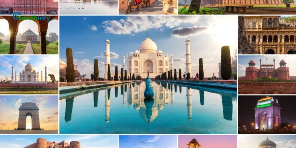 Scenic Indian tourist spot with GST impact overlay, showcasing tourism potential.